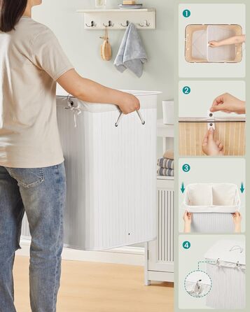 SONGMICS Кошик для білизни з кришкою, 2 відділення, бамбук, складаний, знімний мішок, для прання, з ручками, 120 л, білий