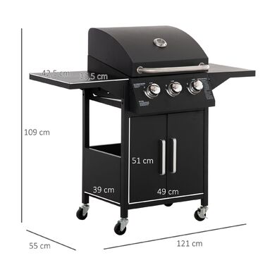 Газовий гриль Outsunny BBQ з 3 пальниками, 3 кВт, мобільний гриль-візок з колесами, сітка для гриля, бічні столики, редуктор, шланги 121 x 55 x 109 см | Aosom
