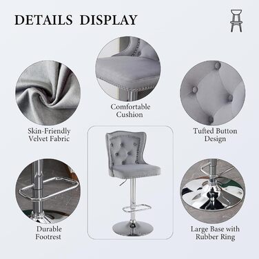 Набір з 2 барних стільців Samt - сучасні стільці для бару з високою спинкою, оббивка велюром, регульована висота, сірий