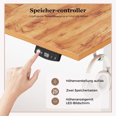 Регульований стіл Klicelor, електричний, з пам'яттю, для офісу, 160 x 80 см, білий/світло-коричневий