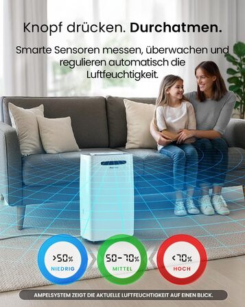Про Breeze - вологопоглинач повітря 25 л/добу, для приміщень до 30 м², 4 режими роботи, цифровий дисплей, шланг для зливу, функція сушіння білизни, таймер, захист від вологи та плісняви, керування через додаток