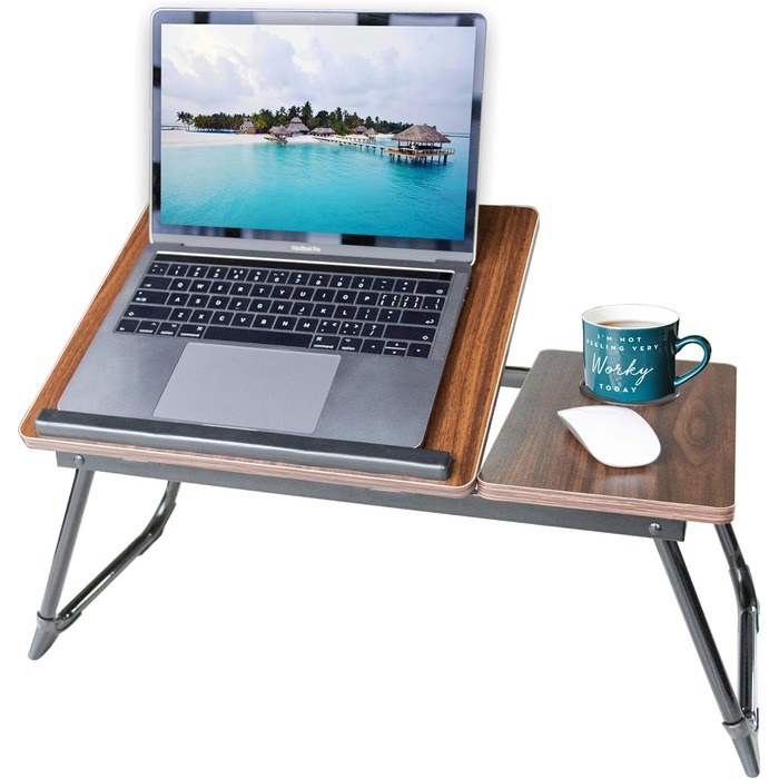Столик для ноутбука з регульованими ніжками та підстаканником, підставка для читання, піднос для сніданку на диван, ліжко, терасу, балкон (Білий, Коричневий)