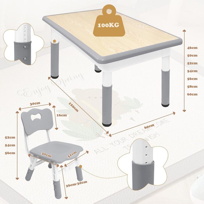 Дитячий стіл зі стільцями (2 шт) 80x60 см, регульована висота, сірий. Ідеально для дитячого садка, ігор, малювання та навчання. Легко миється. Підходить для дітей від 2 років.