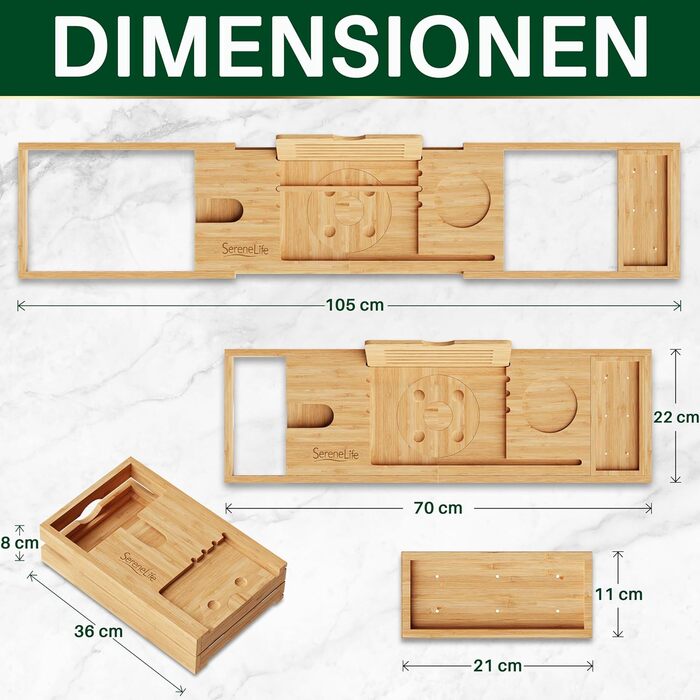 Підставка для ванни SereneLife з дерева - Розширювана підставка для ванни 70-105 см з тримачем для напоїв та книжковою підставкою, вологостійка, аксесуар для ванни, Wellness