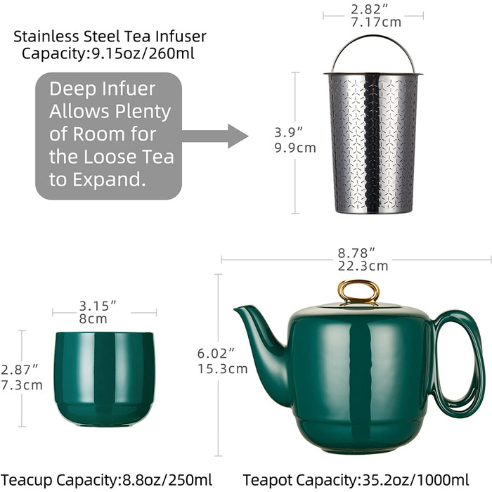 Порцеляновий чайник ZENS з ситечком 1 л на 4 чашки темно-зелений