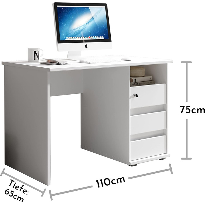 Письмовий стіл Stella Trading 1 з висувними ящиками, білий - Office Desk Комп'ютерний стіл для домашнього офісу з місцем для зберігання та відкритим відсіком для зберігання - 110 x 75 x 65 см (Ш/В/Г) ширина 110 см Білий