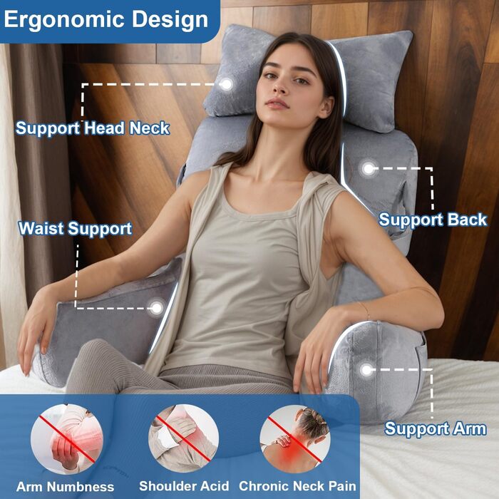 Лежак для читання в ліжко, 90 x 80 см (ДxВ) XXL подушка для спини, диван для дорослих з підлокітниками та знімною подушкою для шиї, спинка для читання з кишенею для ліжка, дивану, підлоги та стільця, світло-сірий