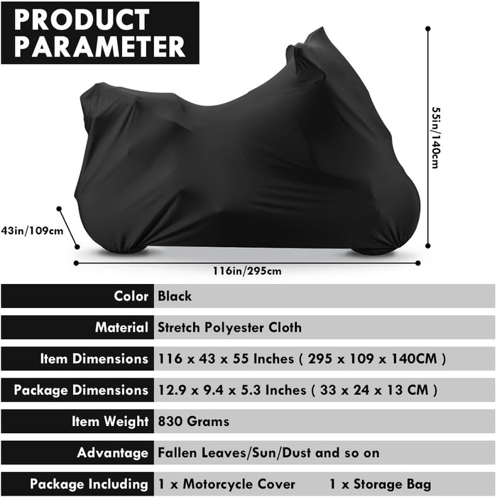 Критий чохол для мотоцикла, еластичний чохол для мотоцикла з еластичної тканини Пилозахисний чохол для мотоцикла Критий дихаючий УФ-пилозахисний чохол для гаража, 104 x 41 x 49 дюймів, чорний (295 (116 x 43 x 55 дюймів ) Чорний)