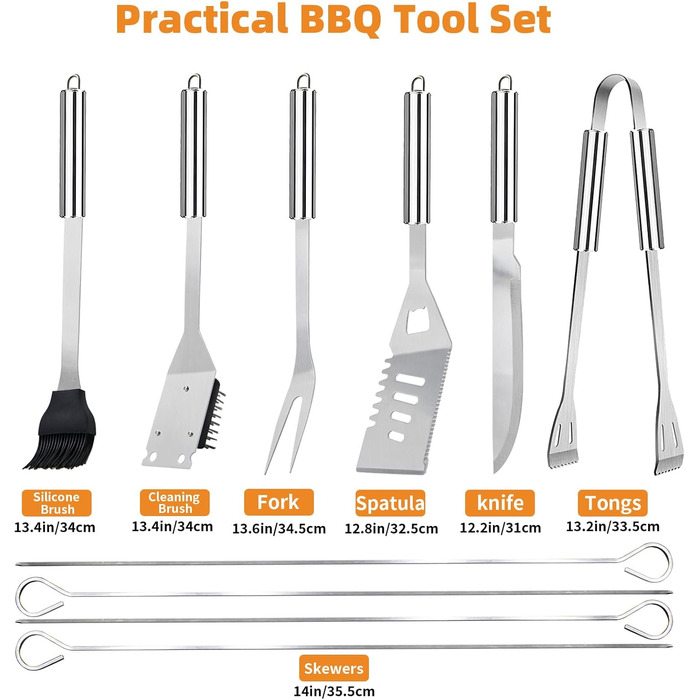 Набір гриль-посуду, 28 предметів, нержавіюча сталь, професійний аксесуар для грилю з сумкою, подарунок на день народження/Новий рік для чоловіків, для саду та кемпінгу, BBQ (срібний)