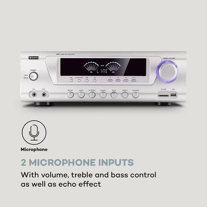 Auna AMP 3800 BT 5.0 - HiFi підсилювач 2x120 Вт + 3x50 Вт, Bluetooth, USB, SD, 2 мікрофонних входи, DVD-стерео, лінійний вихід, сріблястий