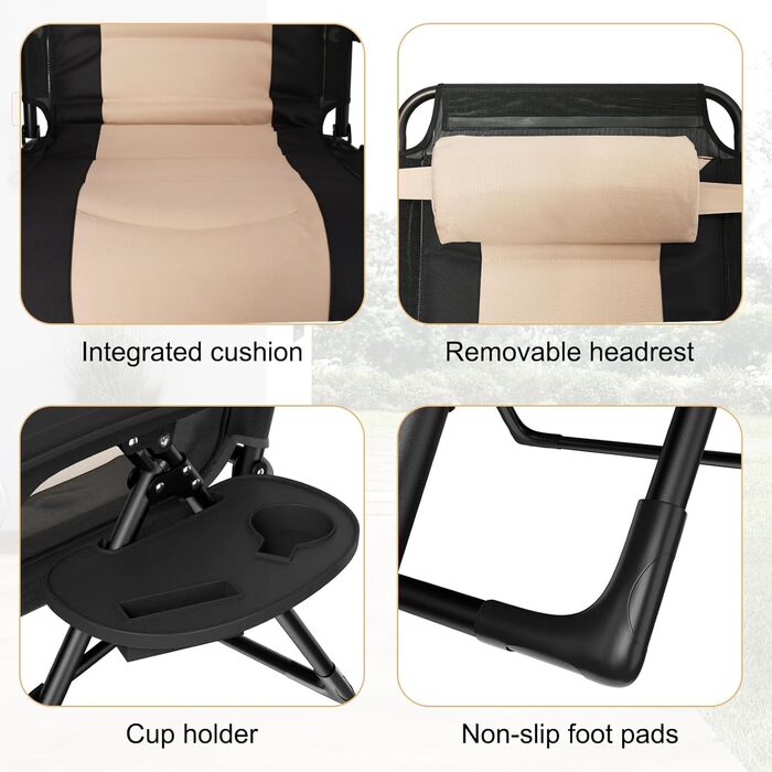 Розкладне ліжко для саду, широке 72 см, з підстаканником та подушкою, для відпочинку на вулиці, на терасі або балконі (Бежевий)