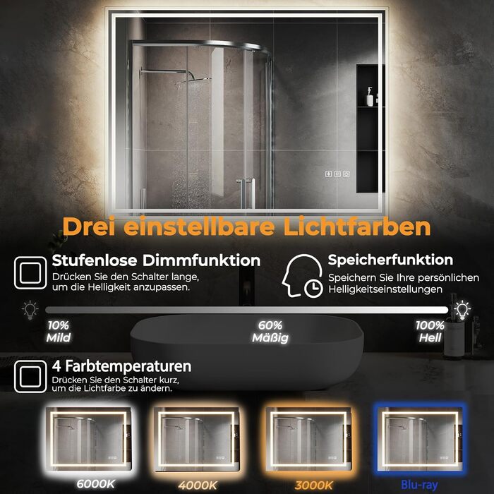 Дзеркало для ванної кімнати зі підсвічуванням SVNR, 70x50 см, LED, з куточним збільшувальним дзеркалом, сенсорне керування, антизапар, 3 колірні температури