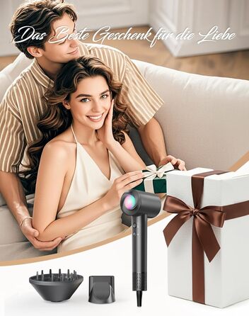 Іонний фен для волосся з дифузором, професійний стайлер 150 000 об/хв, 8 режимів температури з LED-дисплеєм, для кучерявого та густого волосся, чорний