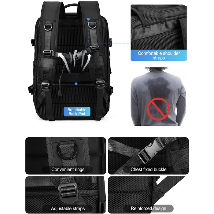 Ручна поклажа 40x20x25 для Ryanair ручна поклажа дорожній рюкзак водонепроникний рюкзак для ручної поклажі під сидінням літак Дорожня сумка сумка для вихідних похідний повсякденний рюкзак (I2 чорний (комплект дорожніх сумок з семи предметів), підходить дл
