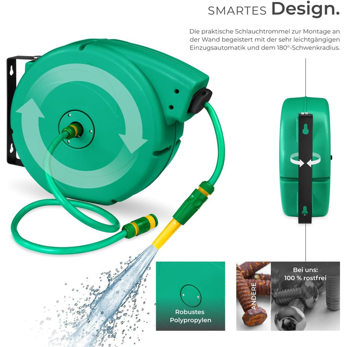 Шланговий барабан Tectake® настінний, 1/2 дюйма, 10м, з автозмотуванням, для саду та городу, водяний шланг, котушка для шланга, розпилювач