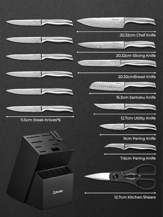 Блок ножів D.Perlla з 15 предметів, що самозаточується, набір ножів з нержавіючої сталі з ергономічною ручкою та дерев'яним бруском