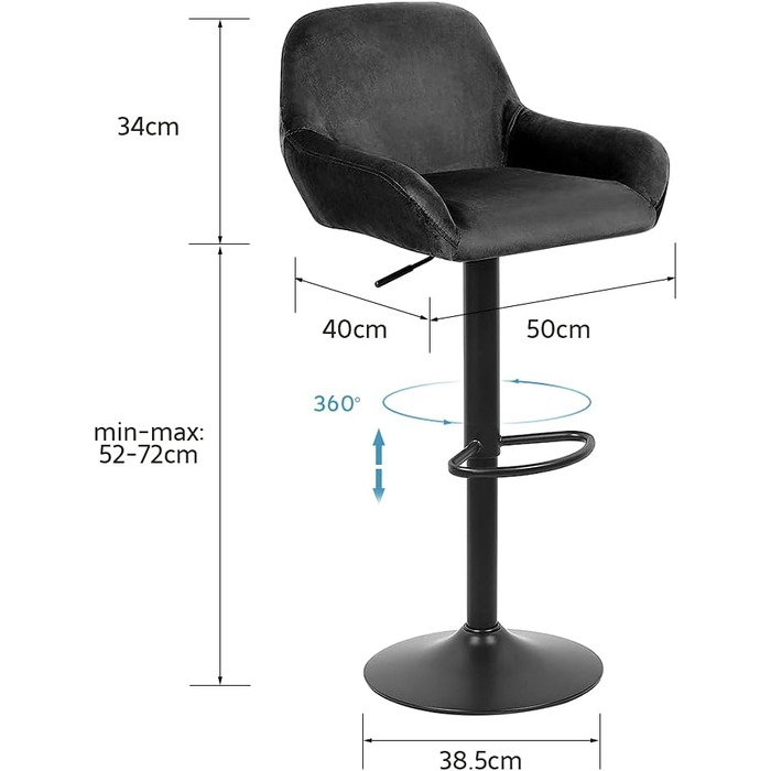 Набір з 2 барних стільців, оксамит, метал, регульований по висоті, поворотний, Ø 38см, Спинка 34см, Чорний