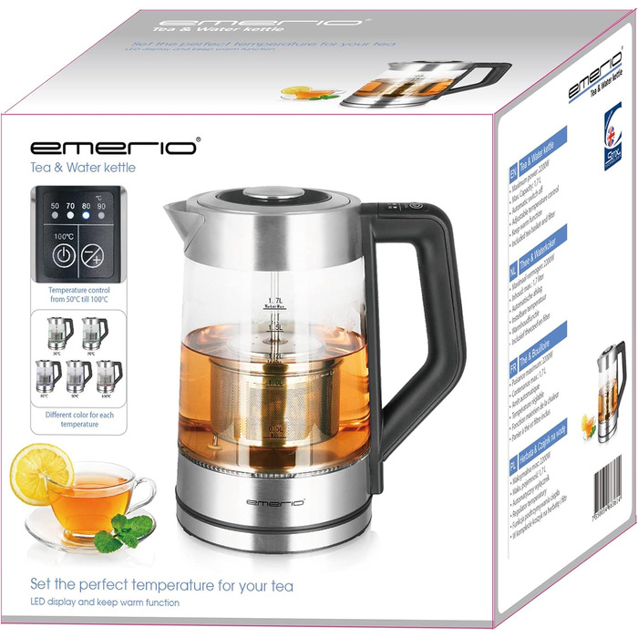 Електричний чайник Emerio WK-122248 з боросилікатного скла, 1.7л, чорний/срібний, з автоматичним ситом, регулювання температури, 2200 Вт