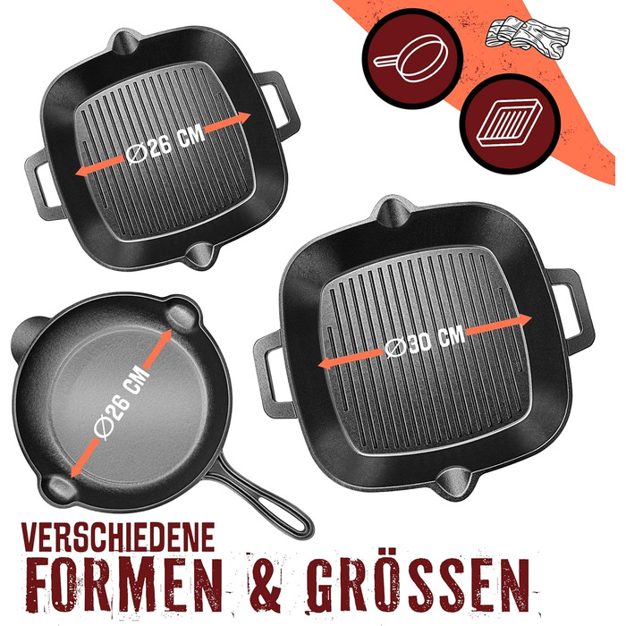 Сковорода-гриль KESSER® з чавуну для індукційних плит, 30 см | Сковорода з чавуну для приготування стейків | З захисними ручками, рецептами та очищувачем