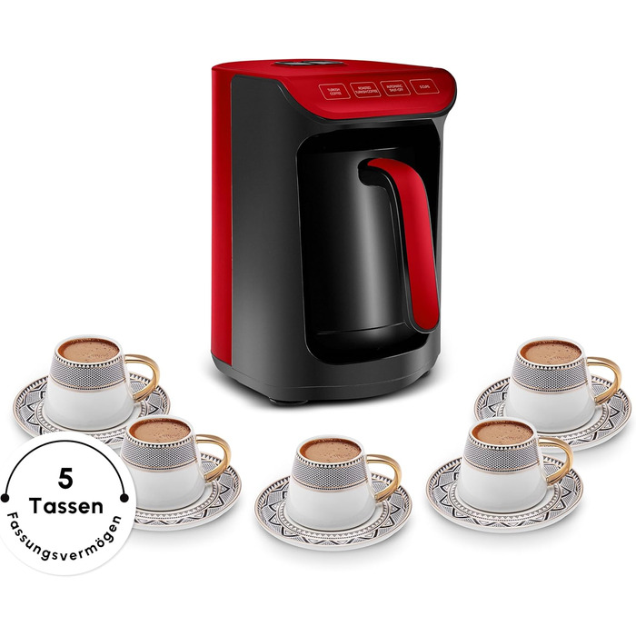 Кавомашина KARACA Hatır для приготування турецької кави з функцією обсмажування, 535W, 5 чашок, автоматичне нагрівання, чорно-червоний колір