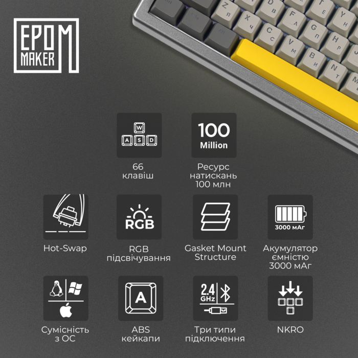 Клавіатура механічна бездротова EPOMAKER EK68 Flamingo Black (EK68-B-F)