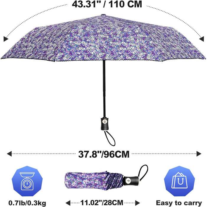 Компактна автоматична вітрозахисна парасолька для квітів для дорослих, 8 ребер, портативна, синя