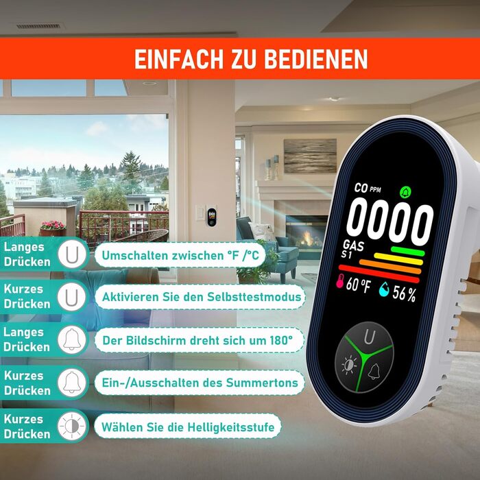 Детектор CO з HD-дисплеєм, візуальним та звуковим сигналом, 3-в-1 (CO, температура, вологість) для кемпінгу та подорожей на автодомі