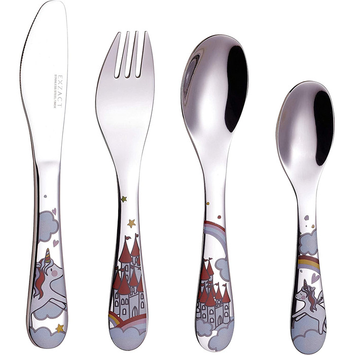 Набір столових приборів Exzact 6 шт. з нержавіючої сталі - дитячий посуд: тарілка, миска, ложка, виделка, ніж, столова ложка. Подарункова коробка (Wf712-4uni)