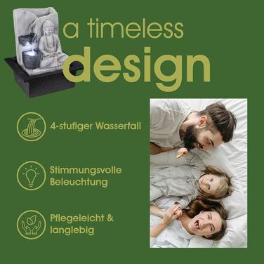 Декоративний фонтан Будда з підсвічуванням – кімнатний фонтан, сірий, 4 ступені