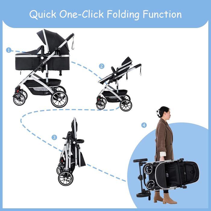 Дитяча коляска 3 в 1, туристична, швидко складається, з фіксацією передніх коліс, для дітей 0-4 роки (сірий)