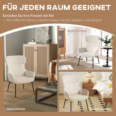 Елегантне крісло з м'якою оббивкою в стилі 'Кошенята', з високою спинкою, товстим шаром наповнювача та сталевими ніжками, кольору кремово-білого.