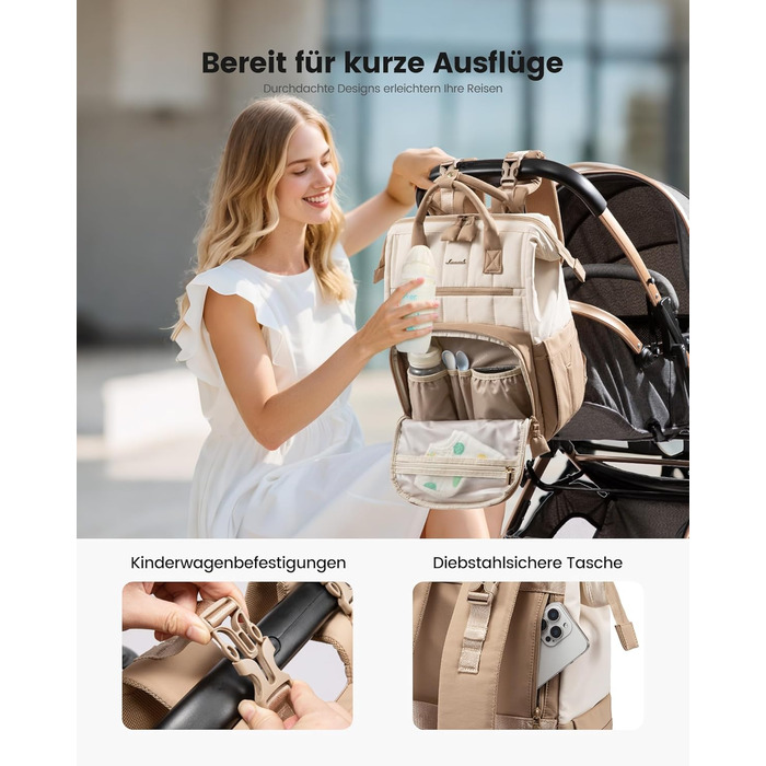 LOVEVOOK Рюкзак-переноска для мами та тата, рюкзак-пеленальник, сумка для підгузків, водонепроникна, з пеленальною підкладкою, з ременями для дитячої коляски, Khaki-beige