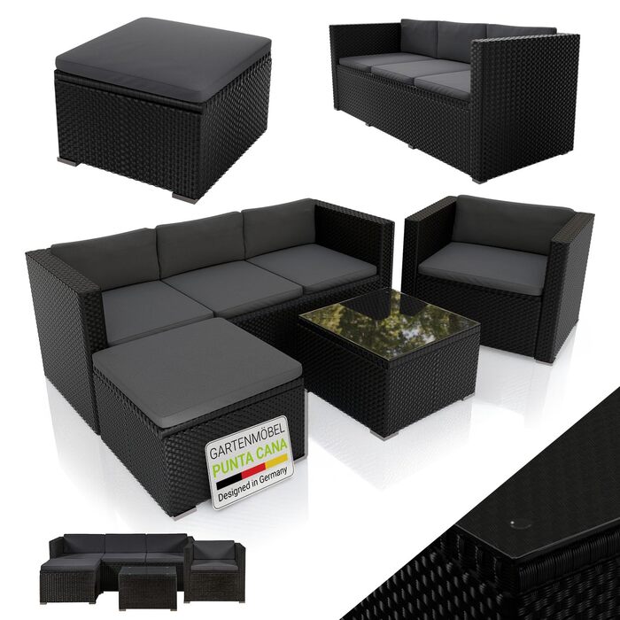 Садовий комплект меблів Juskys Polyrattan Punta Cana для 4-5 осіб: диван, крісло, пуф, стіл, подушки - чорний/сірий