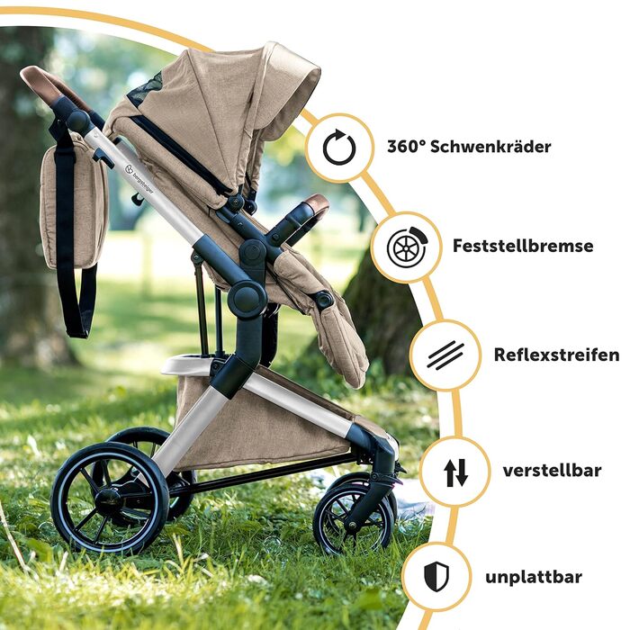 Дитяча коляска Bergsteiger Lugo 3в1 | Комплект з аксесуарами: автокрісло, прогулянковий блок, сонцезахист та вітрозахисний чохол | Isofix база доступна, колір: коричневий | Рама: срібна