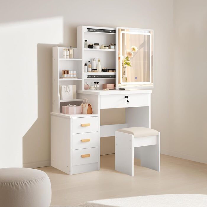 Дзеркальний туалетний столик DATO з LED-підсвічуванням, 3 колірні температури та регулюванням яскравості, з пуфом, 5 шухляд та 3 полиці, розсувний дзеркало
