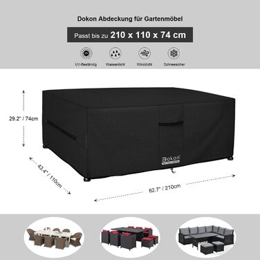 Водонепроникний чохол для садово-патіо меблів Dokon, 210x110x74 см, чорний, з вентиляційними отворами