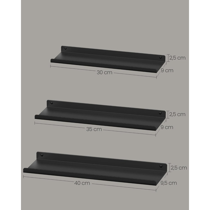 Набір металевих настінних полиць SONGMICS (3 шт), підвісні полиці в індустріальному стилі для вітальні, кухні та ванної кімнати, чорні, LFS12BK