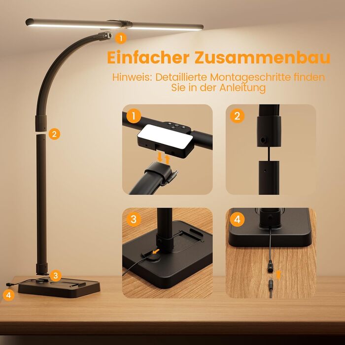 LED настільна лампа Doppelkopf з регулюванням яскравості, 24W, 80см, з кріпленням, денне світло, гнусий шийка, для офісу, захист очей, з підставкою для телефону, чорна