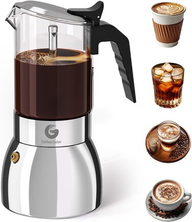 Кавоварка Espresso Gator для плити, мока-каструля з прозорого скла та нержавіючої сталі - кава по-італійськи, 9 чашок (450 мл), нержавіюча сталь