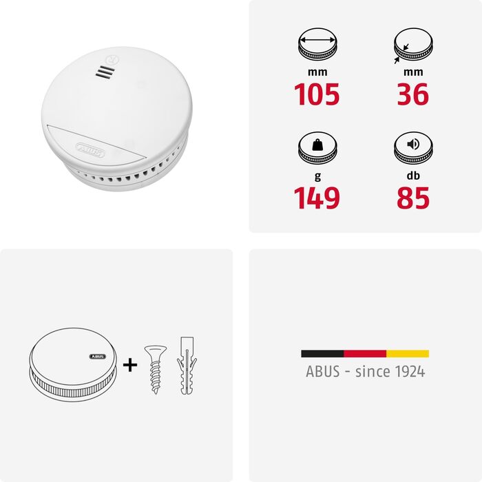 Датчик диму ABUS RWM90 - сертифікований DIN EN14604, з акумулятором на 5 років, для житлових приміщень, білий (1 шт.)