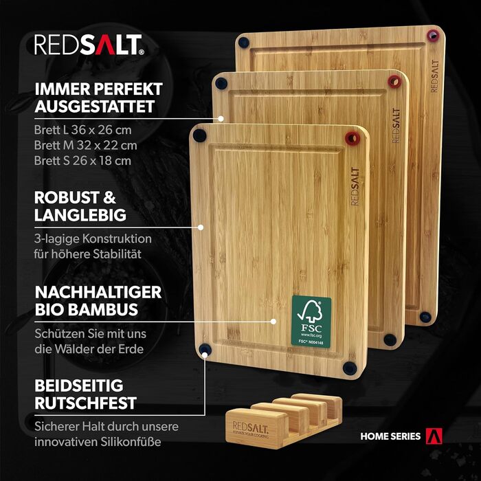 Набір дерев'яних обробних дощок REDSALT® з бамбука (3 шт.) | Антибактеріальні, з глибокою канавкою для соку, розміри 38x26, 32x22, 26x18 см | Сертифіковані FSC, преміум-якість