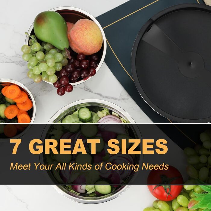 Набір міксерів Hunnycook 7 шт. з нержавіючої сталі, салатовниці з кришкою, набір місок для перемішування, 5л, 4.5л, 4л, 2.4л, 1.7л, 1.25л, 0.8л, чорний