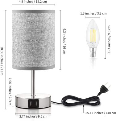 Набір з 2 сенсорних приліжкових світильників, LED, USB порти, з можливістю затемнення, енергозберігаючий, сірий