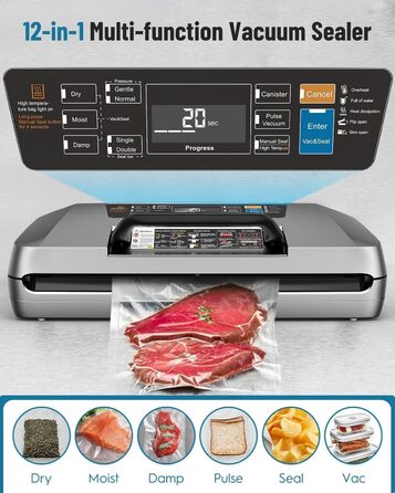 Професійний вакууматор для продуктів 12-в-1, 95кПа, з функцією безперервного вакуумування та подвійним швом, сріблястий (комплект: 1 рулон та 10 пакетів)