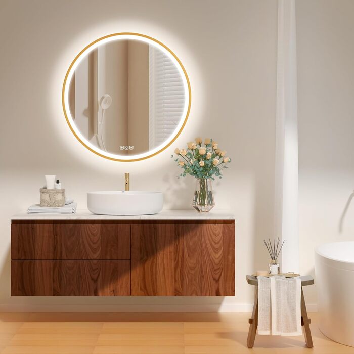 Дзеркало для ванної кімнати Furduzz з LED-підсвічуванням, 700 мм, сенсорне керування, диммування, 3 кольори, протизапотівання, пам'ять, золота рамка (60x60 см)