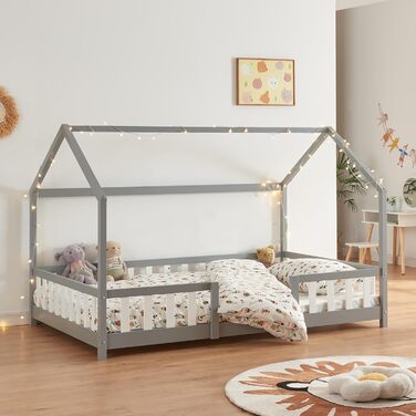 Ліжко дитяче Sisimiut Montessori 140x200 см з бар'єром. Дерев'яне ліжко для дітей, підлога, ламелі, сосна, світло-сірий/білий, без матрацу