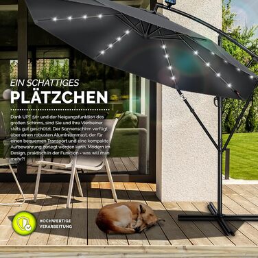 Садова парасолька Tillvex Alu 300 см з LED-підсвіткою, сонячною панеллю, ручкою та стійкою, антрацит — водонепроникна парасолька від сонця з захистом від UV та вітру