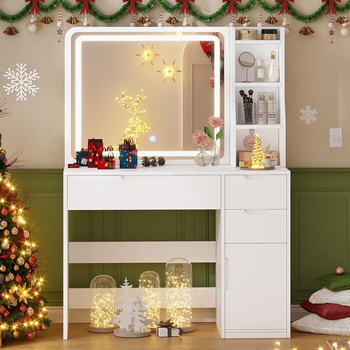 Білий туалетний столик для макіяжу з LED-підсвічуванням та дзеркалом | 3 ящики, 3 полиці, шафка | Столик для макіяжу для спальні