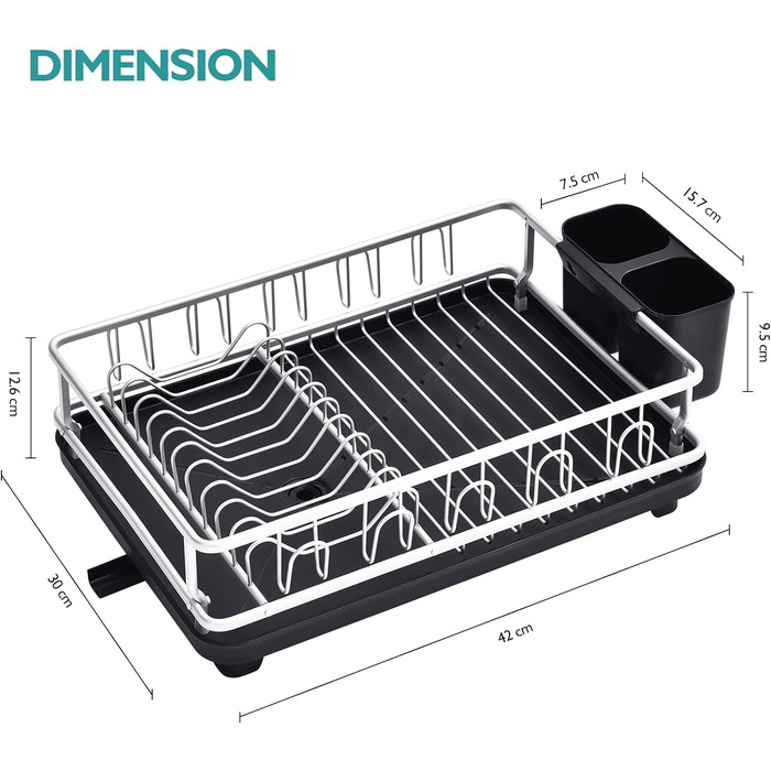 Сушарка APEXCHASER, алюмінієва підставка для посуду, антикорозійна сушарка для посуду, стійка для посуду з напівтримачем для столових приборів, 10 підстаканників, тримач для посуду, поворотний піддон для крапель для кухні