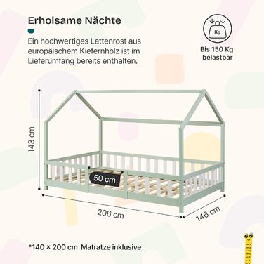 Детське ліжко Sisimiut Montessori з бортиками, без матраца, 140x200 см, світло-сірий/білий (en.casa)